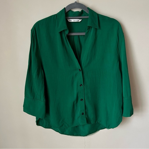 Zara Green Women's Button Down Collared 3/4 Sleeve Shirt Top Blouse Size Small - Picture 1 of 5